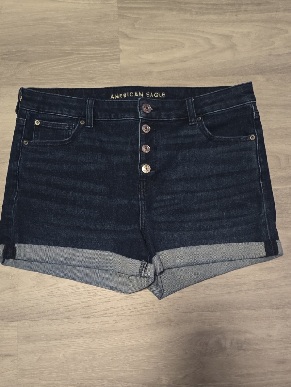 American Eagle Outfitters Dark Wash Button-Front Cuffed Jean Shorts
